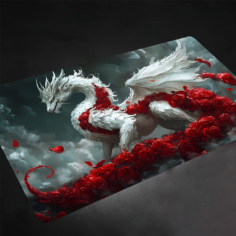 White Dragon Playmat with Red Roses, Gaming Mat